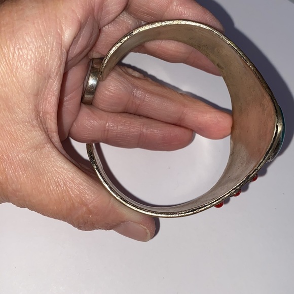 Beautiful cuff bracelet, unique turquoise, and red color stones wide - Picture 10 of 11